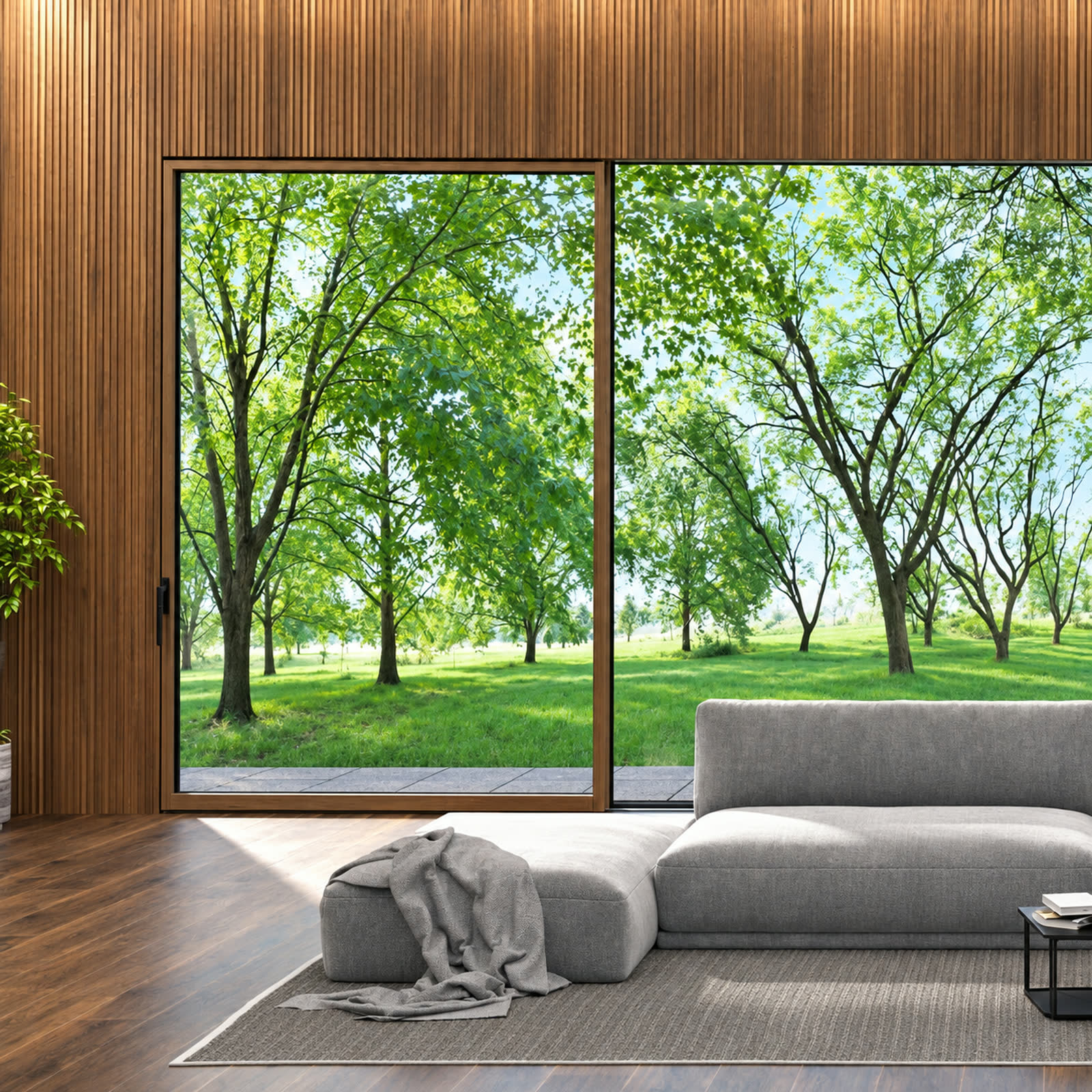 Interior contemporan cu sistem vitrat lemn–aluminiu și deschidere largă spre exterior.